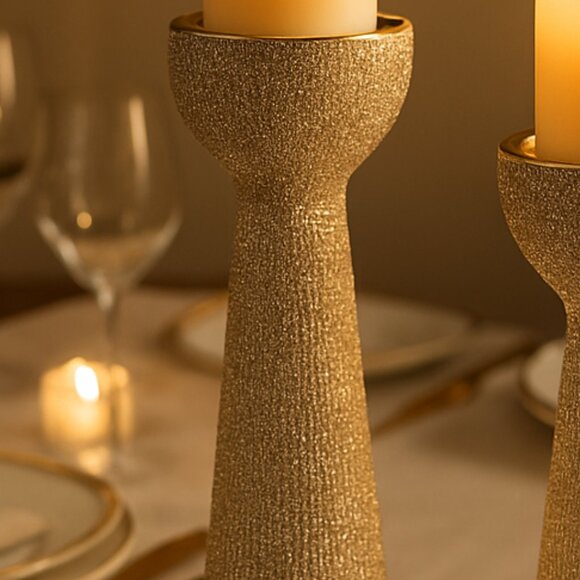 NWOT Set of 2 Luxury Champagne Beaded Ceramic Decorative Candle Holders - Picture 6 of 16